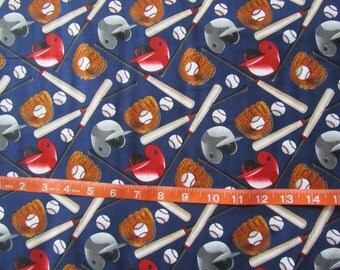 Navy Blue Baseball Helmets/Balls/Bats Toss Cotton Fabric by the Yard