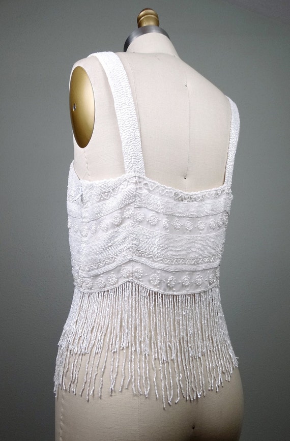VTG White Fringe Beaded Top / Pearl Beaded Crop Top / Fringed
