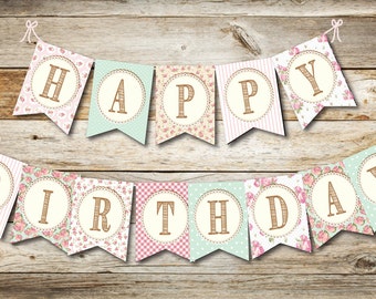 Birthday Banner Girls, Happy Birthday Banner- Digital printable download- Shabby Chic Birthday Banner- Pink & Mint