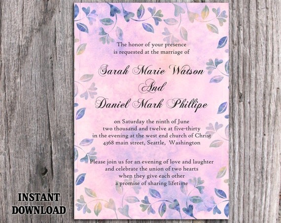 DIY Rustic Wedding Invitation Template Editable Word File Download Printable Vintage Invitation Purple Invitation Leaf Floral Invitation