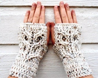 Owl Fingerless Mitts, Fingerless Gloves, Owl Mitts, Owl Gloves, Ready to Ship, Owl Texting Gloves, Wrist Warmers, Animal Gloves, Fingerless