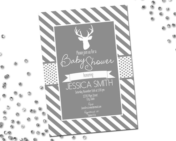 Deer Baby Shower Invitation - Deer Baby Shower - Grey and White Stripes - Printable Il_570xn
