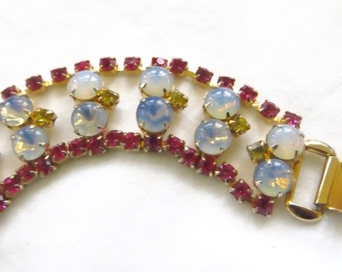 Moonstone Rhinestone Bracelet Pink Yellow Rhinestone Vintage 1960s Jewelry