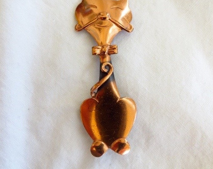 Copper Cat Brooch, Modernist Pin, Feline Jewelry, Cat Lover, Whimsical Kitten, Sly Smile