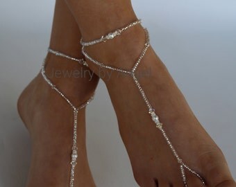 Crystal Bridal Barefoot Sandal and Anklet Set Crystal Wedding Foot Jewelry Slave Anklet Foot Thong Beach Wear