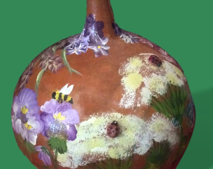 Hand Painted Gourd Art Country Home Decor Flowers in a Basket Signed by the Artist