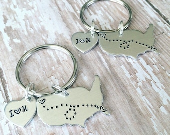 Custom Handstamped USA Keychain, State to State Long Distance Keychain Set, I love you heart keychain, Moving away gift,