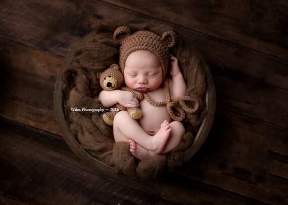 Crochet Baby Newborn Pixie Bonnet Bear Hat and Teddy Bear Toy Set, Crocheted Photo Prop, Photography, Cute Gift