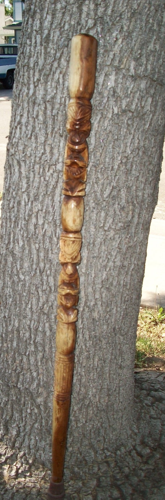 Vintage Wooden Totem Pole Tiki Cane Walking Stick Tribal Folk