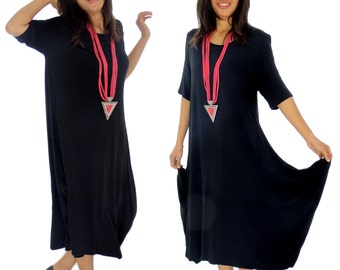 HD900SW Kleid Lagenlook Tunika Ballonform Kurzarm asymmetrisch Gr. 38 40 42 44 tragbar schwarz