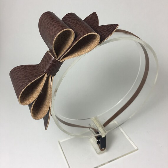 Leather bow headband faux brown leather bow headband faux