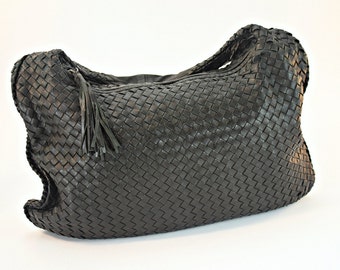 Black Woven Leather Hobo Bag, Timmy Woods Beverly Hills Handbag, Timmy Woods Hobo Handbag, Large Black Woven Leather Hobo Bag, Fall Handbag