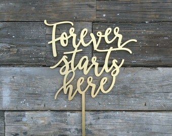 Forever Starts Here Wedding Cake Topper 7" inches, Forever Cake Topper, Rustic Cake Topper, Wooden Cake Topper, Unique Cake Topper