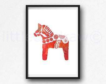 Red Dala Horse Print Horse Watercolor Swedish Dala Horse Watercolor Painting Print Horse Lover Gift Living Room Decor Wall Art Wall Decor