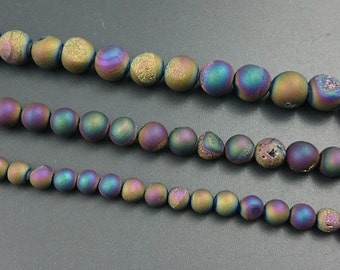 Natural Gemstone Druzy Beads, Blue Purple Yellow Druzy Agate Beads, Round Matte Beads, Wholesale Gemstone 6mm, 8mm, 10mm 12mm 14mm Strand