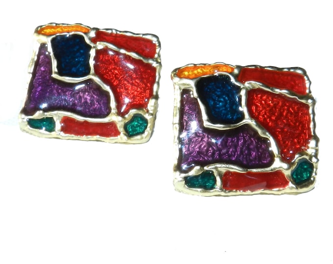 Multicolored Painted Button Earrings, Abstract Mod Earrings, Vintage Jewelry, 90s Couture Jewelry, Costume Jewelry