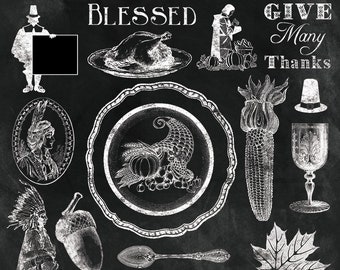 Thanksgiving Clipart "VINTAGE THANKSGIVING CHALK Clip Art" 50 chalkboard, autum,turkey day, blessed, overlay, photographers, invitations