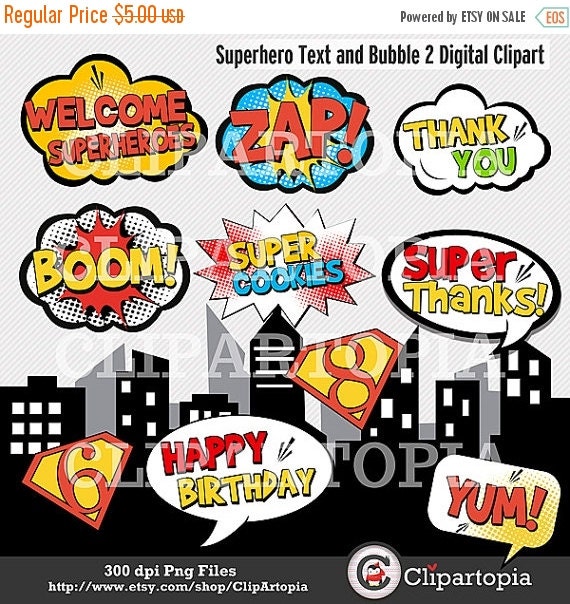50% OFF SALE Superhero Text and Bubbles 2 clipart - comic book Personal and Commercial Use / INSTANT Download Il_570xn