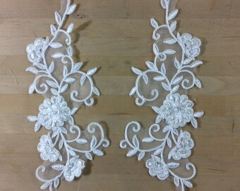 Ivory Beaded Bridal Appliques, Applique Pair in Ivory Cream Beaded Organza for Bridal, Headbands, Sashes, Costume Design