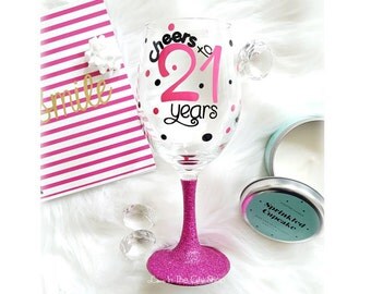 21st Birthday Wine Glass, 21st Birthday Gift for her, Birthday Wine Glass, Glitter Wine Glass, 21 Wine Glass, 21st Birthday Gift, Wine Glass