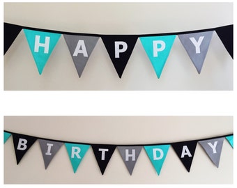 Happy Birthday Aqua black and grey Fabric Bunting Banner Flags Party Decoration