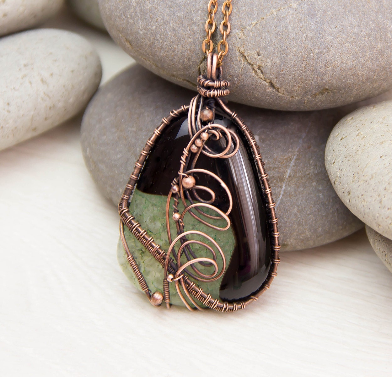 Wire Wrapped Pendant Natural Stone Copper Jewelry By Jewelryfloren