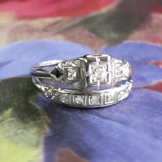 Art Deco 1930�s Engagement Wedding Ring Set .11ct t.w. Old