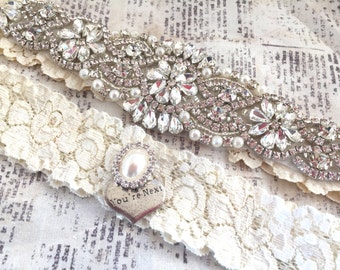 Crystal Garter Set, Vintage Wedding Garter Set - Pearl Wedding Garter, Pearl Garter Set, Garter Set, Vintage Garter, Keepsake Garter