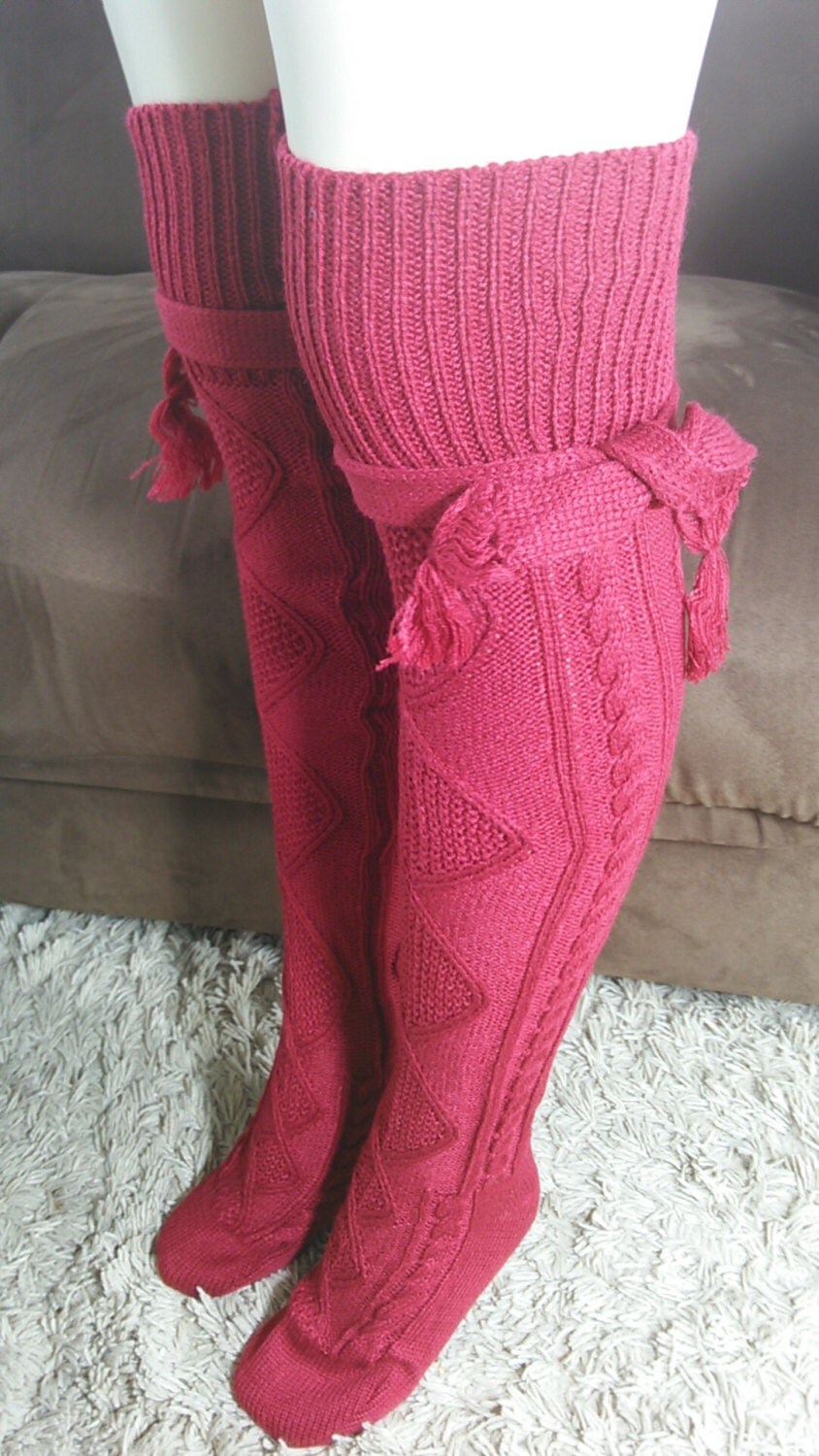 Red Cable knit knee high socks by JennysTreasure4U on Etsy