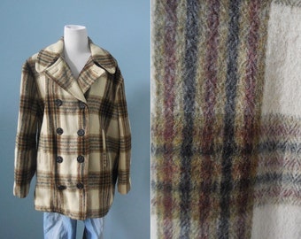 Vintage men's WOOL coat plaid PEA COAT double breasted wool coat winter coat mens 42 large