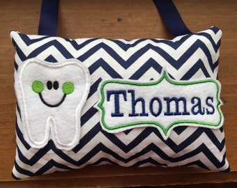 Navy blue chevron personalized tooth fairy pillow