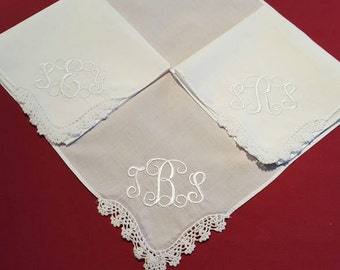 Monogrammed Handkerchief - Custom Embroidered Monogram handkerchief - lace handkerchief - elegant handkerchief - initialed handkerchief