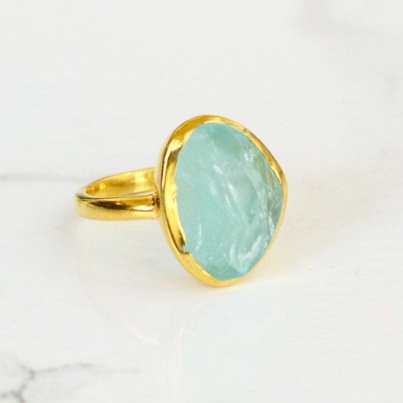 Aqua Chalcedony Ring Raw Stone Ring Mint Gold Ring Rough