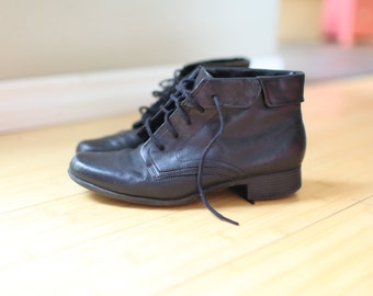 vintage black leather oxfords ankle boots lace up womens 7 *