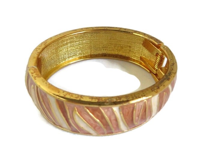 Vintage Striped Bangle | Textured Brown Bangle | Cocoa Cream Abstract Waves Hinged Gold Tone Bracelet
