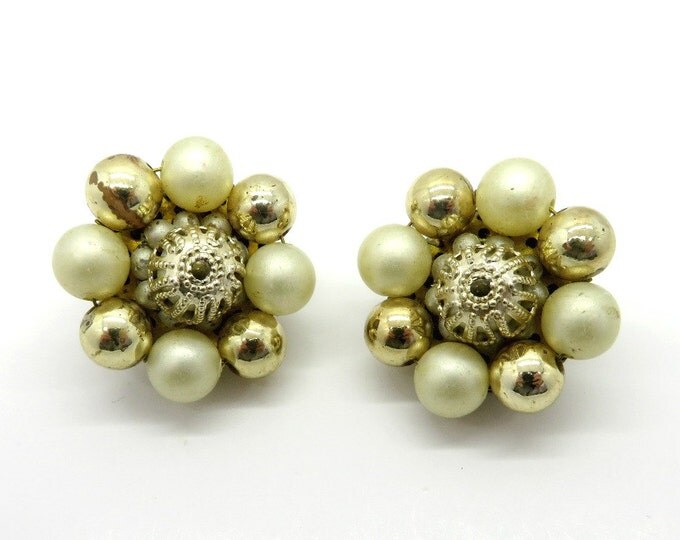 Faux Pearl Japan Earrings, Vintage Goldtone Bead Earrings, Cluster Clip-on Earrings