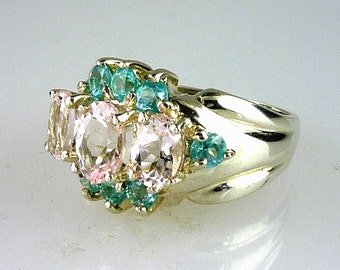 Natural Pink Morganite Beryl Ring W/ Genuine Round Apatite 925 Sterling Silver