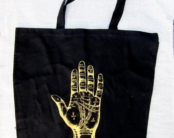 Black tote bag psychic palmistry hand market bag