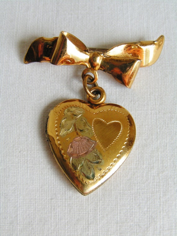 Vintage 10K Gold Over Sterling Heart Locket Brooch with Bow