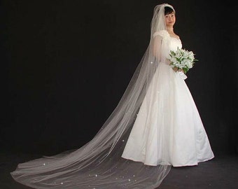 Scattered Swarovski Crystal Rhinestones Wedding Veil - cathedral length 108" long with plain edge