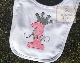 Personalized Princess Crown 1st Birthday Bib