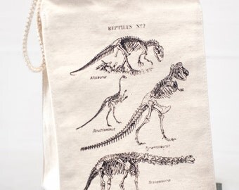 Dinosaur Bones Reusable Lunch Bag | T-rex, brontosaurus, Paleontology Vintage Reptiles, Recycled Canvas, Science Gift, Nerdy Gift