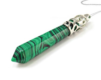 Malachite Pendant Necklace, Holiday Gifts, Green Stone Point Pendant, Heart Chakra Reiki, Striped Marbled, British Jewellery Sellers