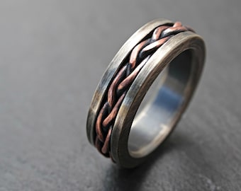 rustic braided ring silver copper, viking mens ring two tone, unique wedding band, viking wedding ring, mixed metal ring anniversary gift
