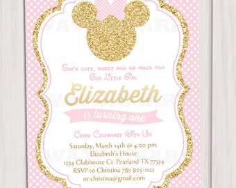 Pink and Gold Minnie Mouse Birthday Party Invitation, First, 1st Birthday, Gold Glitter, Polka Dot invite, Girl, Printable Invitation