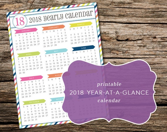 Printable 2018 Year At A Glance Calendar By TrewStudio On Etsy