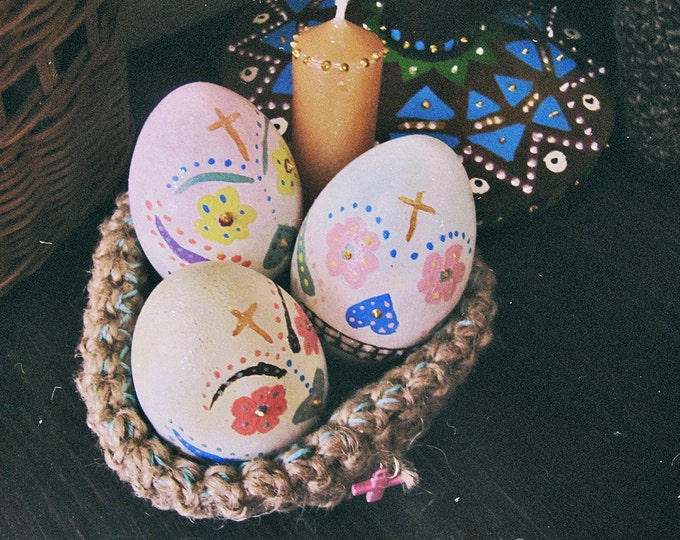 Summer SALE Sugar Skull Eggs Basket - Boho Easter Decor - Día de los Muertos Altar Tool - Mexican Decor - Easter Gift Set - Wooden Eggs...