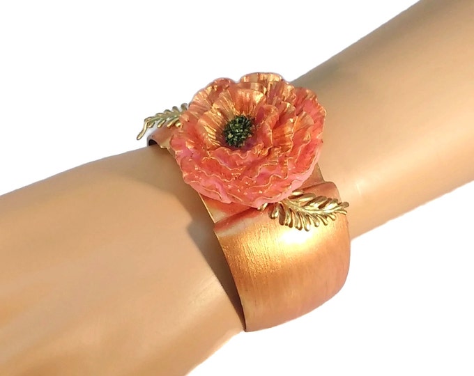 Hand Painted Handmade Adjustable Cuff Bracelet with Pink & Gold Carnation Flower Rose Gold Orange Coral Color OOA...