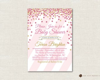 Pink and Gold Baby Shower Invitation, Gold and Pink Baby Shower Invitation, Pink Glitter, Gold Glitter, Pink and Gold Polka Dots, Girl