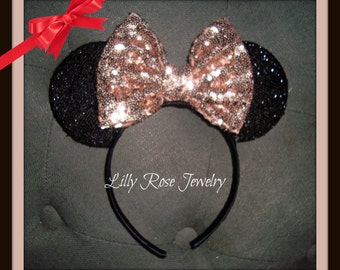 Sparkly Rosegold and Black Minnie Mouse Ears Inspired with Rose Gold Sequin Bow Fits Adults and Children Ready to Ship Rose Gold Minnie Ears